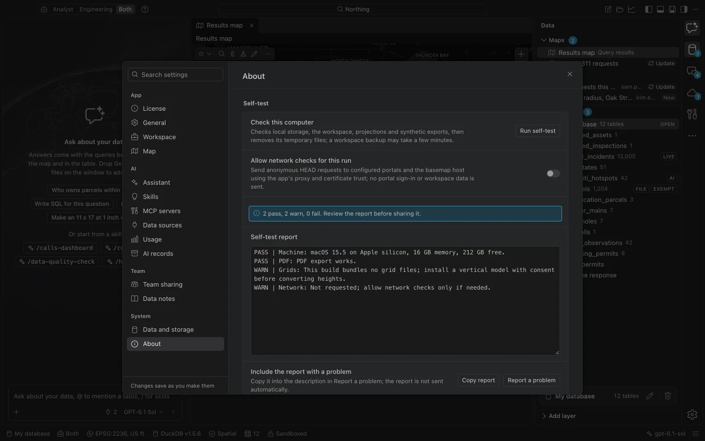 About settings with a self-test report listing checks, warnings, and a report-copy action.