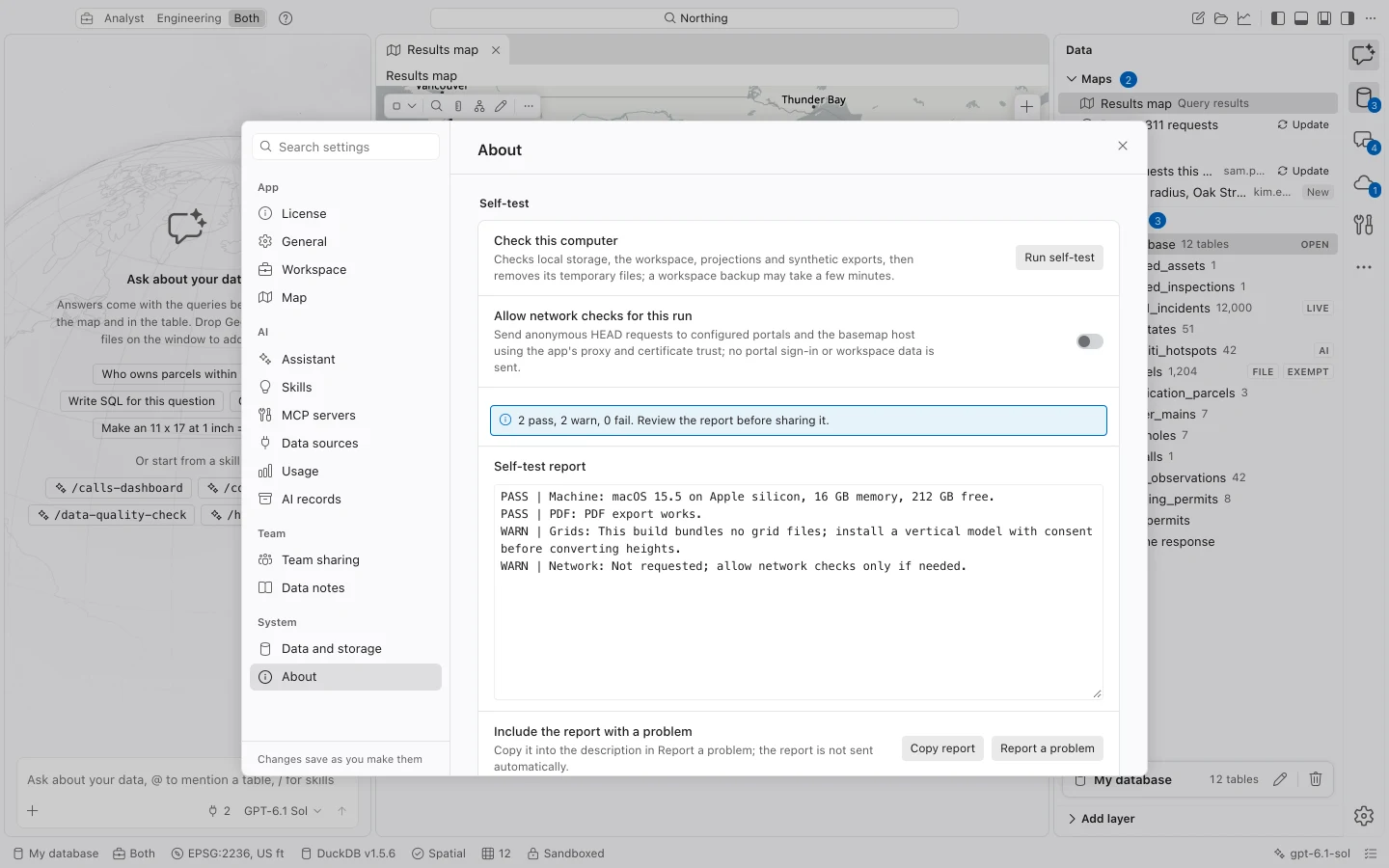 About settings with a self-test report listing checks, warnings, and a report-copy action.
