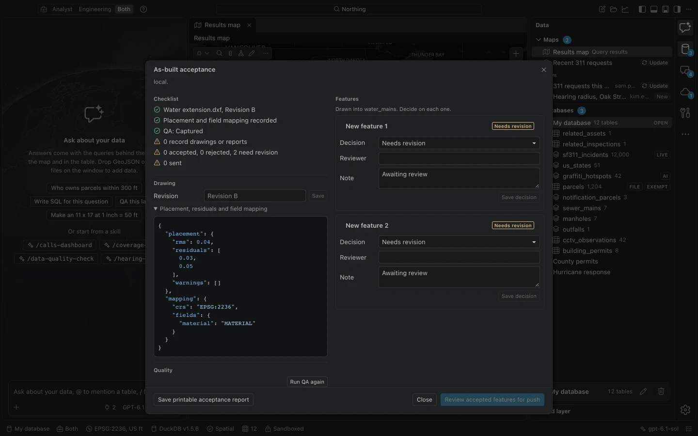 As-built acceptance workspace showing the drawing revision, quality checklist, evidence, and per-feature decisions.