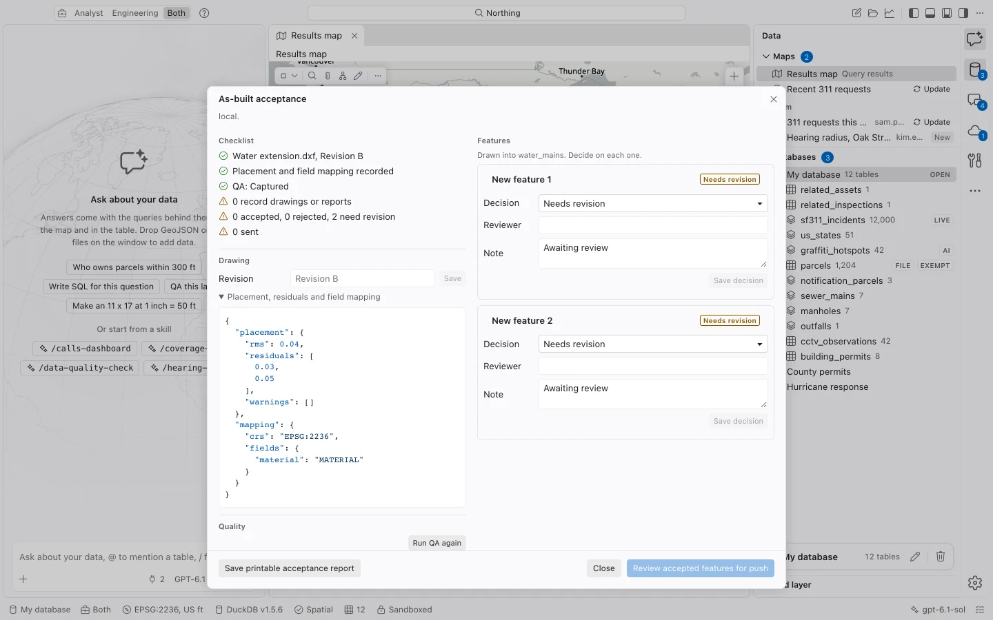 As-built acceptance workspace showing the drawing revision, quality checklist, evidence, and per-feature decisions.