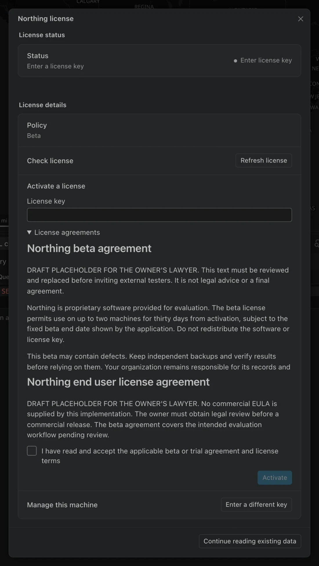 Beta activation form with a private license-key field, agreement text, acceptance checkbox, and Activate button.