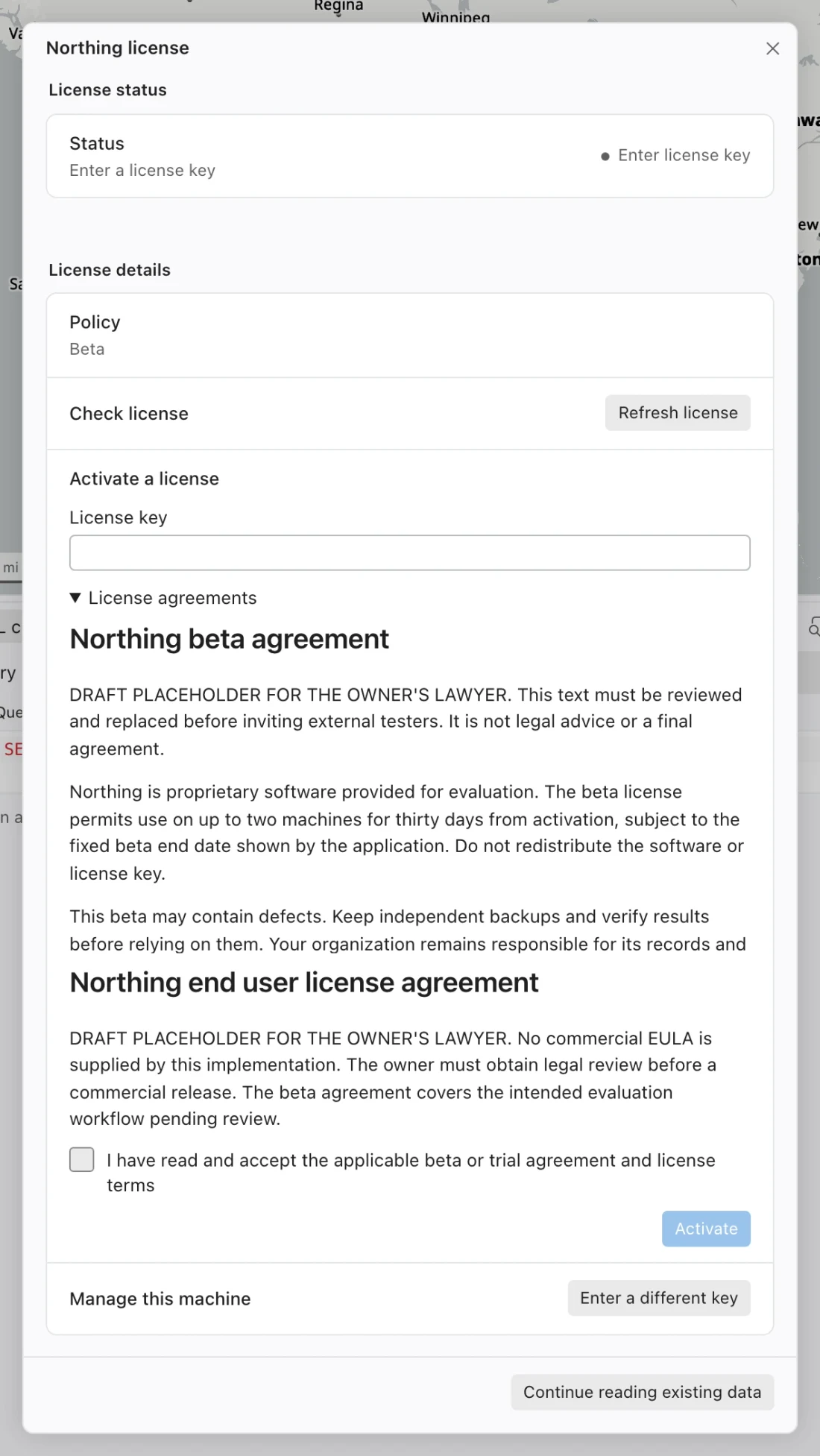 Beta activation form with a private license-key field, agreement text, acceptance checkbox, and Activate button.