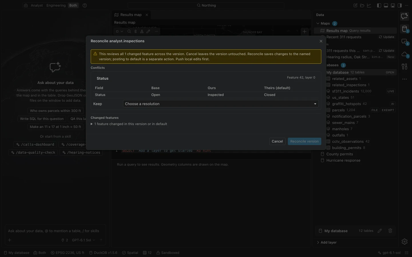Branch reconciliation review comparing base, named-version, and default values before reconciliation.