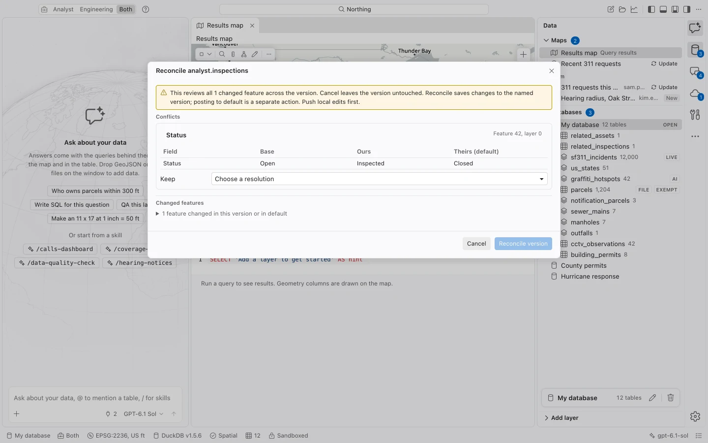 Branch reconciliation review comparing base, named-version, and default values before reconciliation.