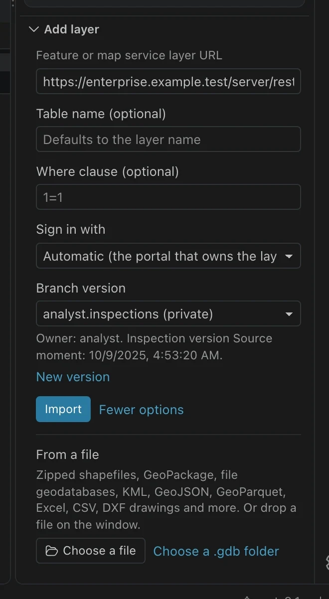 Branch version picker showing a named Enterprise version, its owner, access, and creation options.