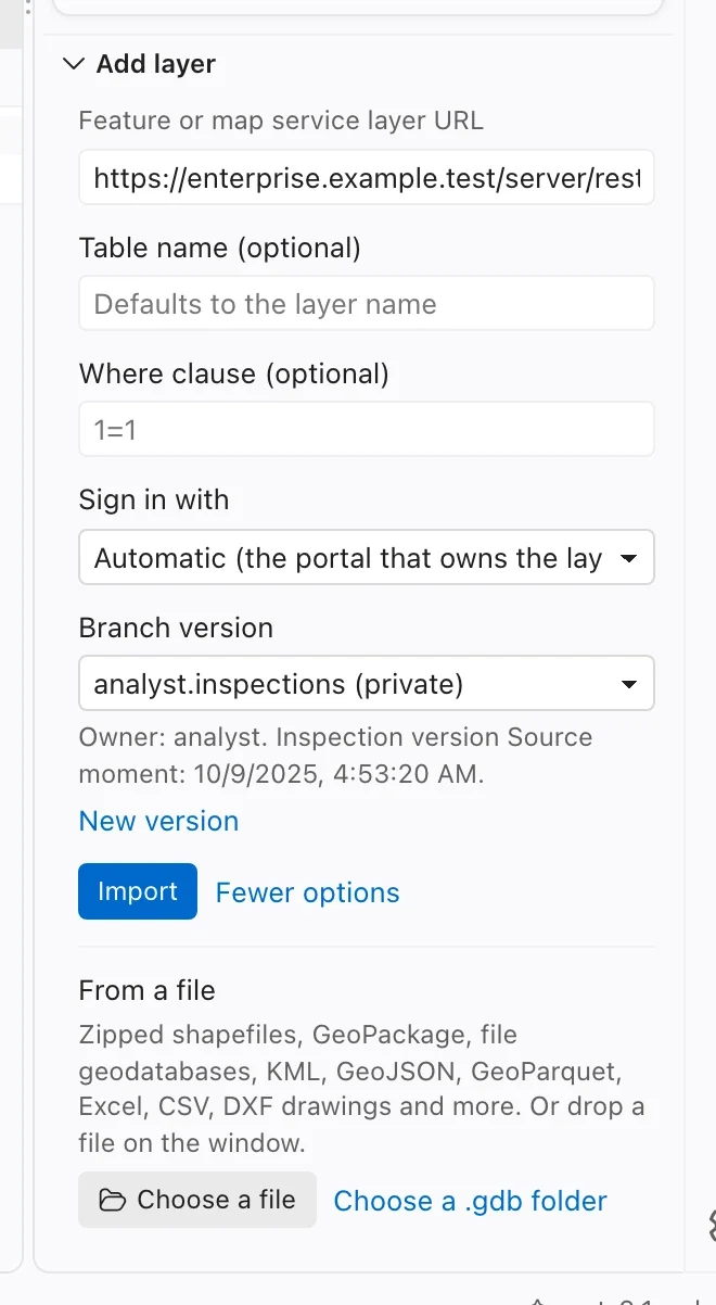 Branch version picker showing a named Enterprise version, its owner, access, and creation options.