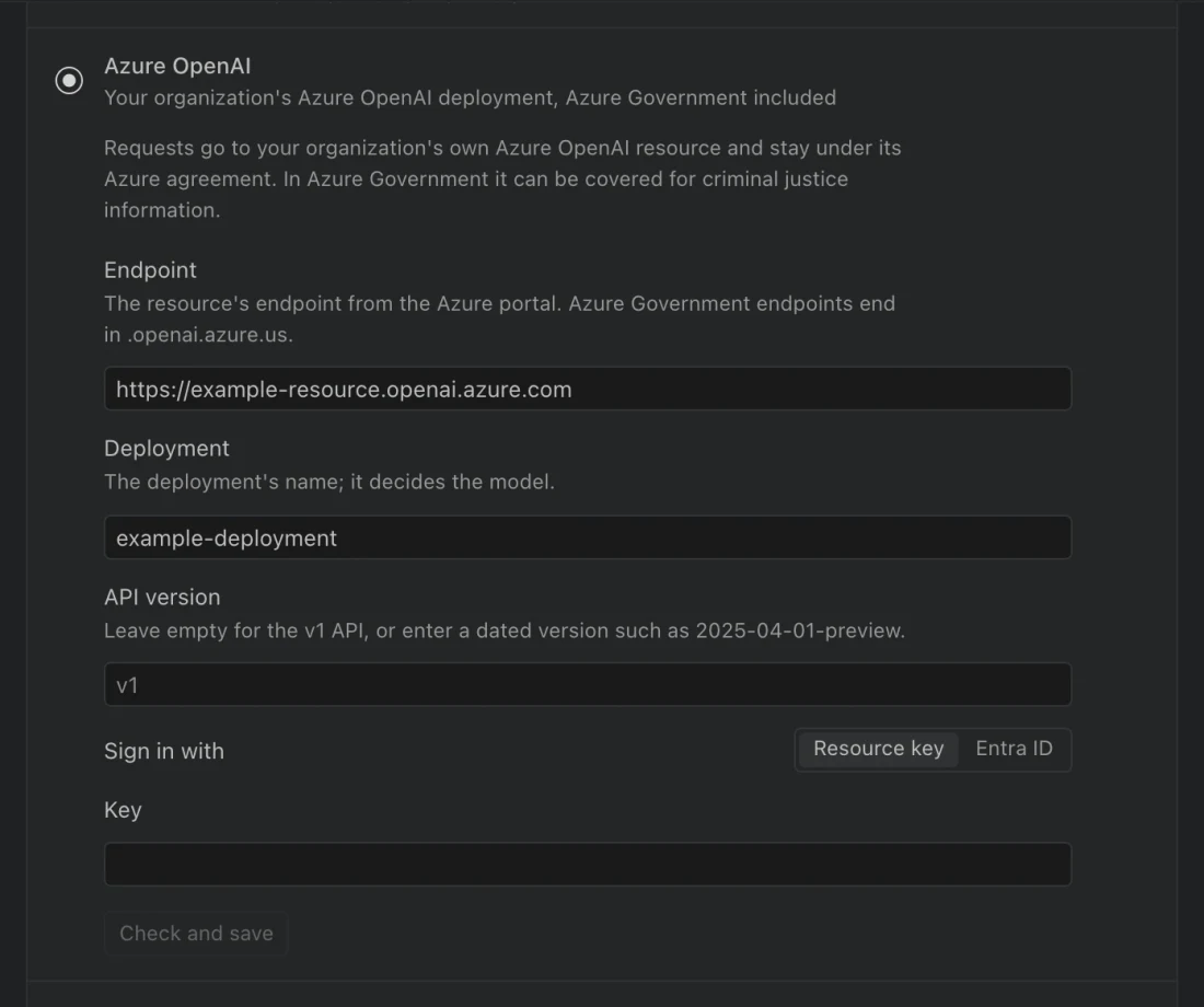 Azure OpenAI settings with Endpoint, Deployment, API version, and Resource key or Entra ID controls.