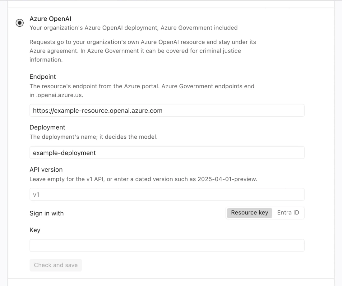 Azure OpenAI settings with Endpoint, Deployment, API version, and Resource key or Entra ID controls.