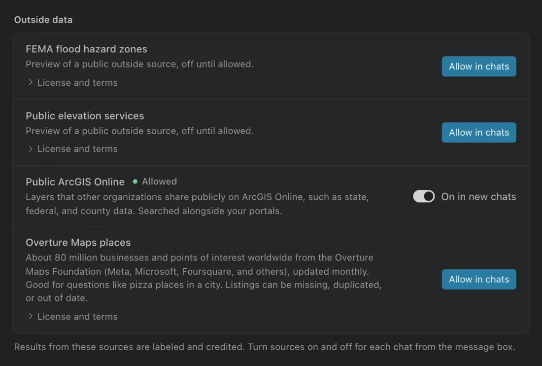 Data sources settings showing Public ArcGIS Online and Overture Maps places, with source permission and new-chat controls.