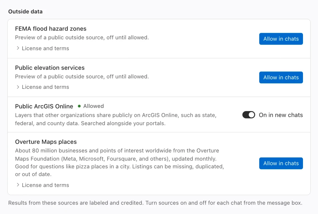 Data sources settings showing Public ArcGIS Online and Overture Maps places, with source permission and new-chat controls.
