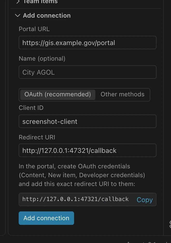 Portals Add connection form showing Portal URL, OAuth, Client ID, and Redirect URI fields.