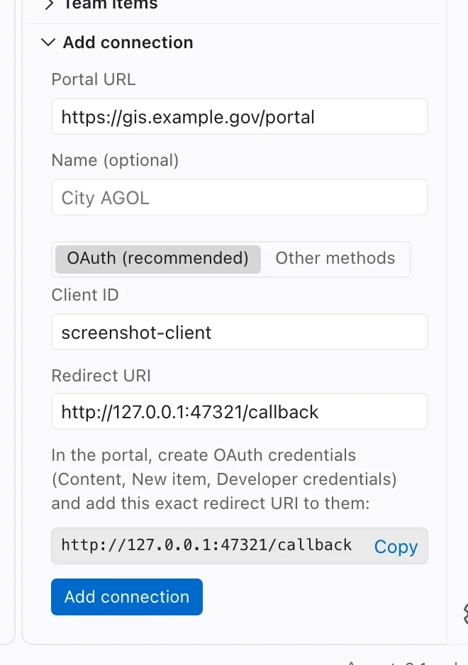 Portals Add connection form showing Portal URL, OAuth, Client ID, and Redirect URI fields.