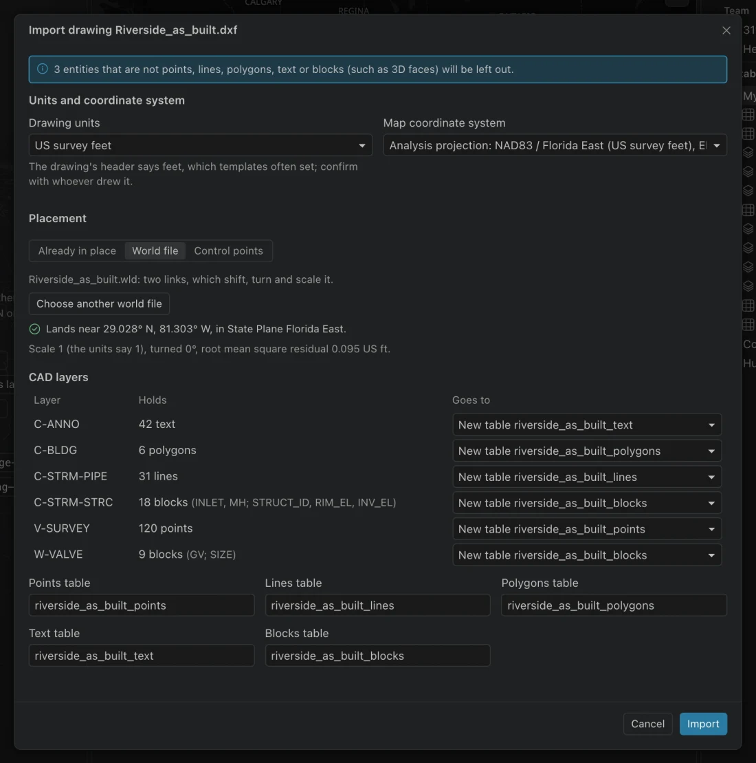 DXF import dialog with drawing units, map coordinate system, placement controls, and CAD layer destinations.