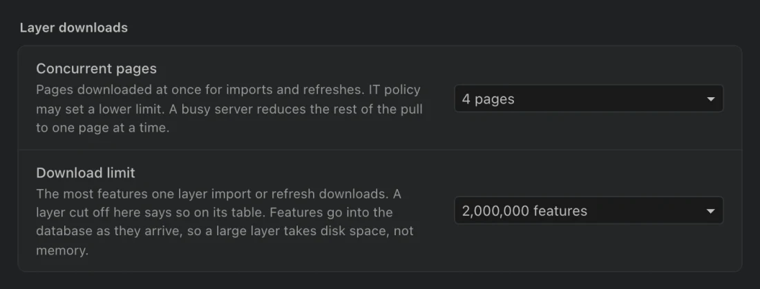 Data and storage settings showing Concurrent pages and Download limit under Layer downloads.
