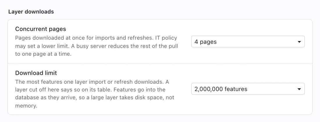 Data and storage settings showing Concurrent pages and Download limit under Layer downloads.