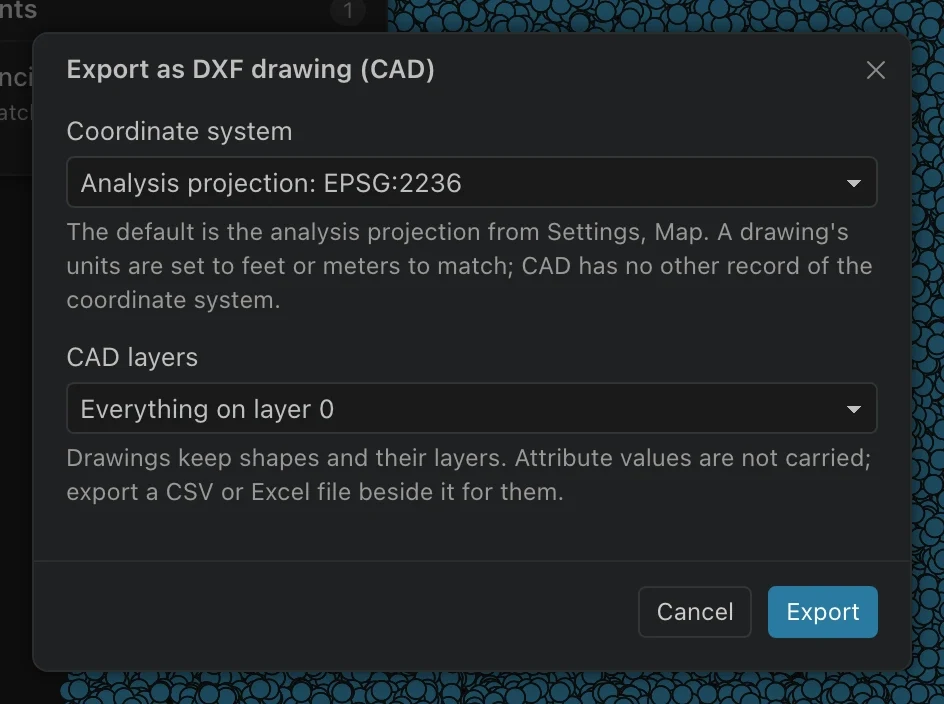 DXF export dialog with a projected coordinate system and a column choice for CAD layer names.