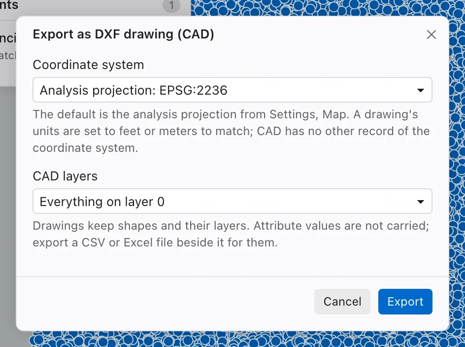 DXF export dialog with a projected coordinate system and a column choice for CAD layer names.
