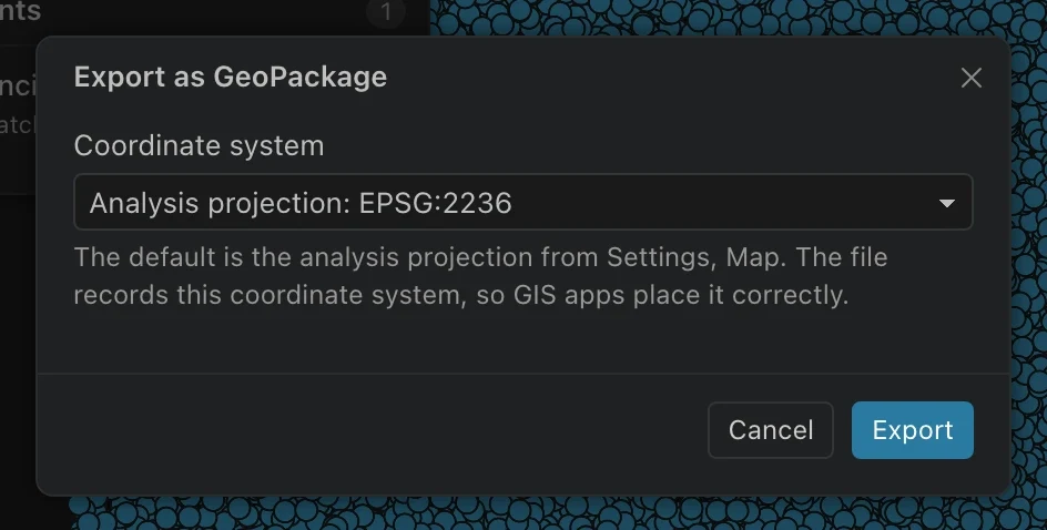 Export as GeoPackage dialog with a coordinate system selector and Export action.