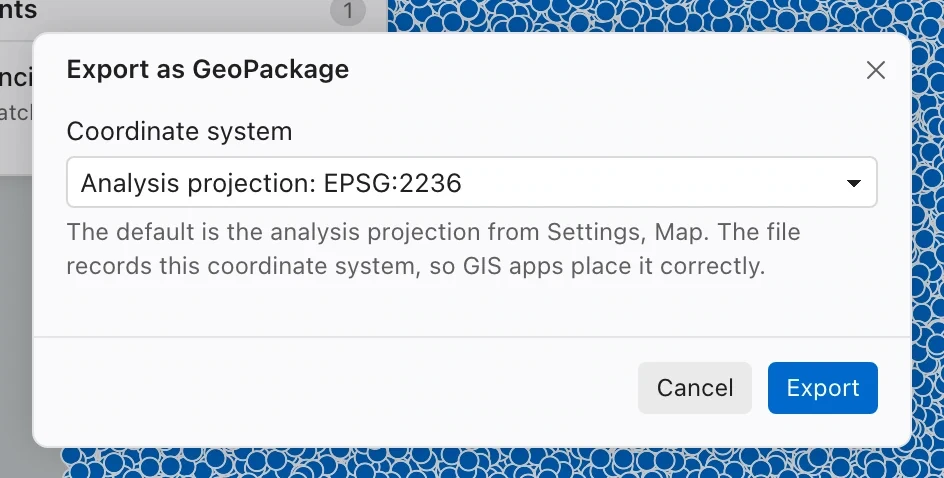Export as GeoPackage dialog with a coordinate system selector and Export action.