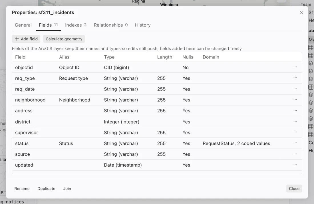 Table properties on the Fields tab, showing aliases, types, nullability, domains, and field actions.