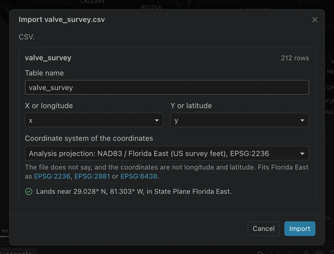 CSV import form with x and y coordinate columns, a coordinate system choice, and a placement check.