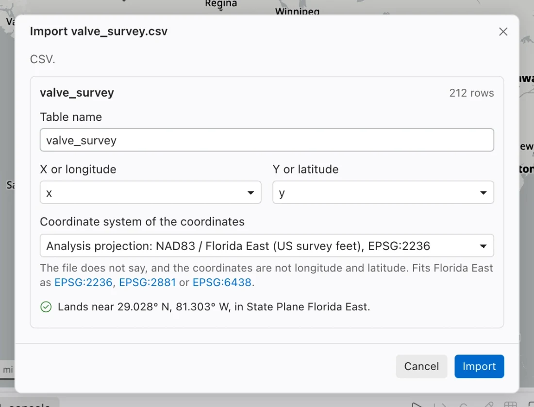 CSV import form with x and y coordinate columns, a coordinate system choice, and a placement check.