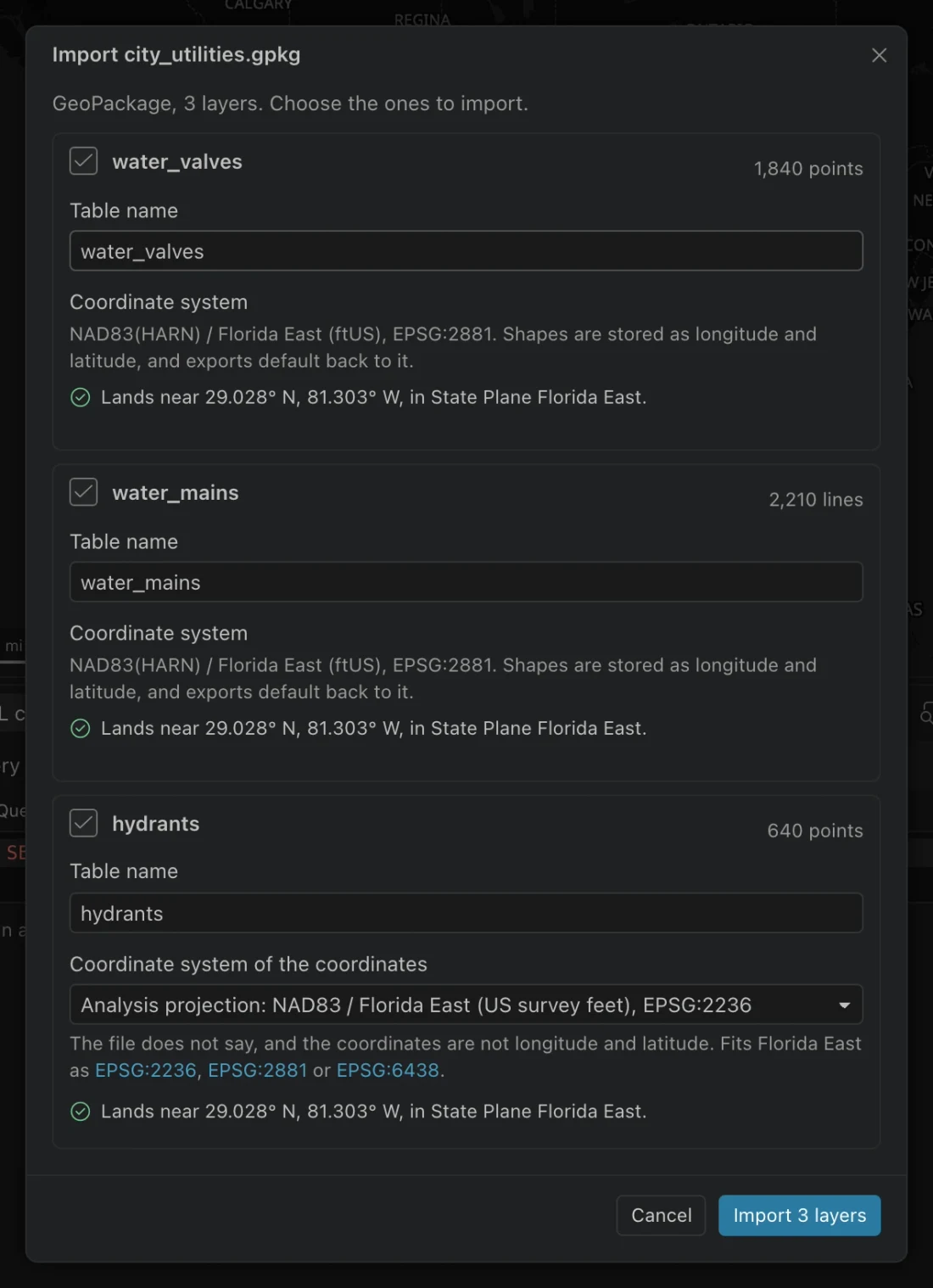 GeoPackage import dialog listing water valves, water mains, and hydrants with layer selection and coordinate information.