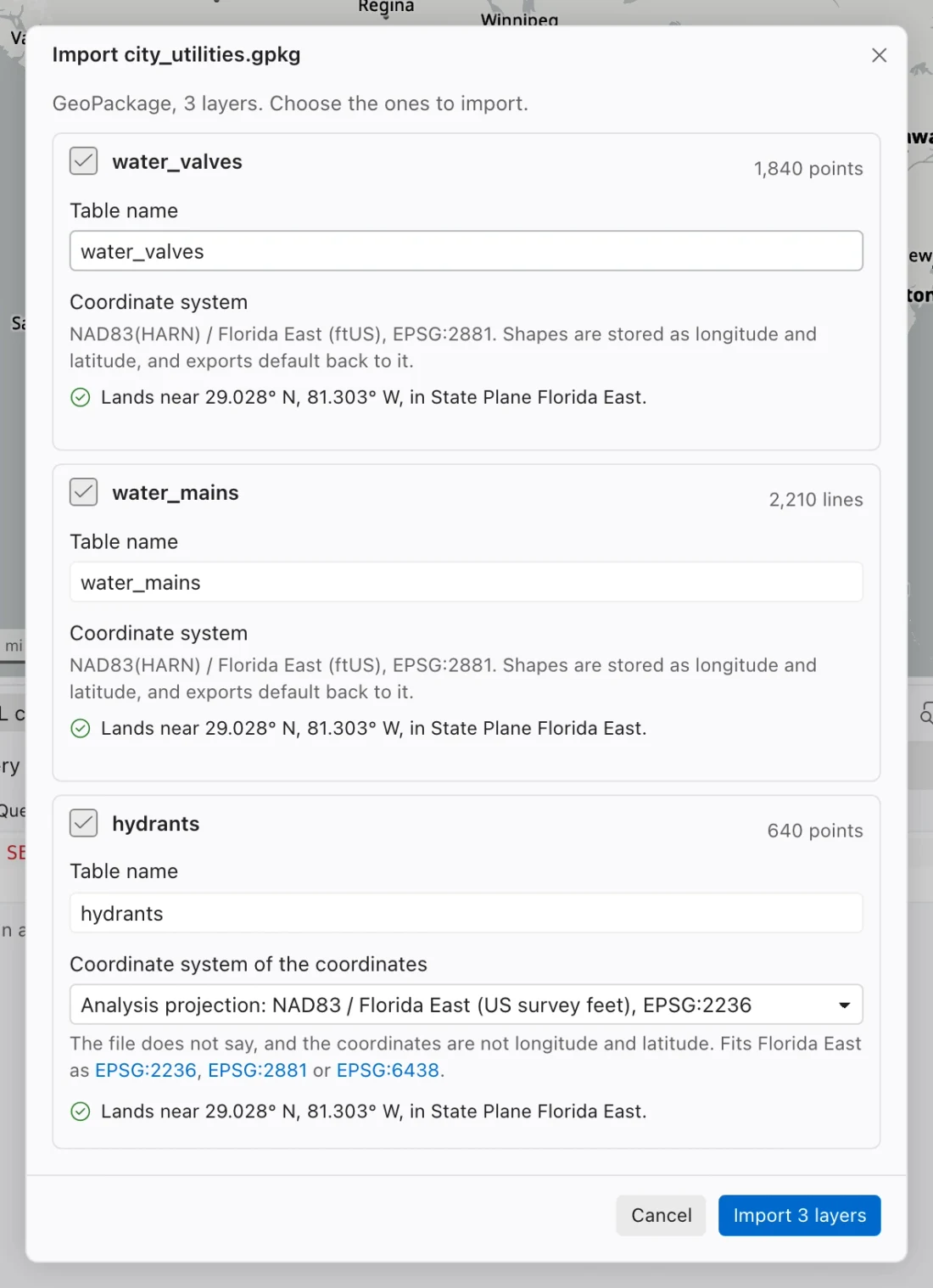 GeoPackage import dialog listing water valves, water mains, and hydrants with layer selection and coordinate information.