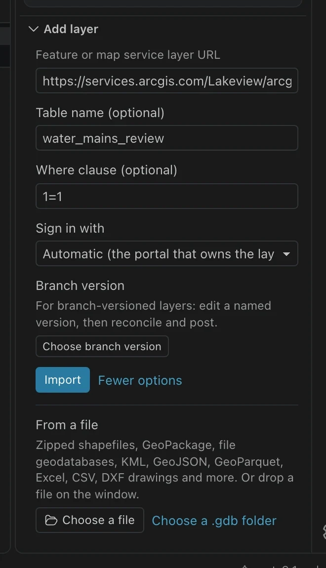 Data view with Add layer expanded, including the layer URL and More options fields.