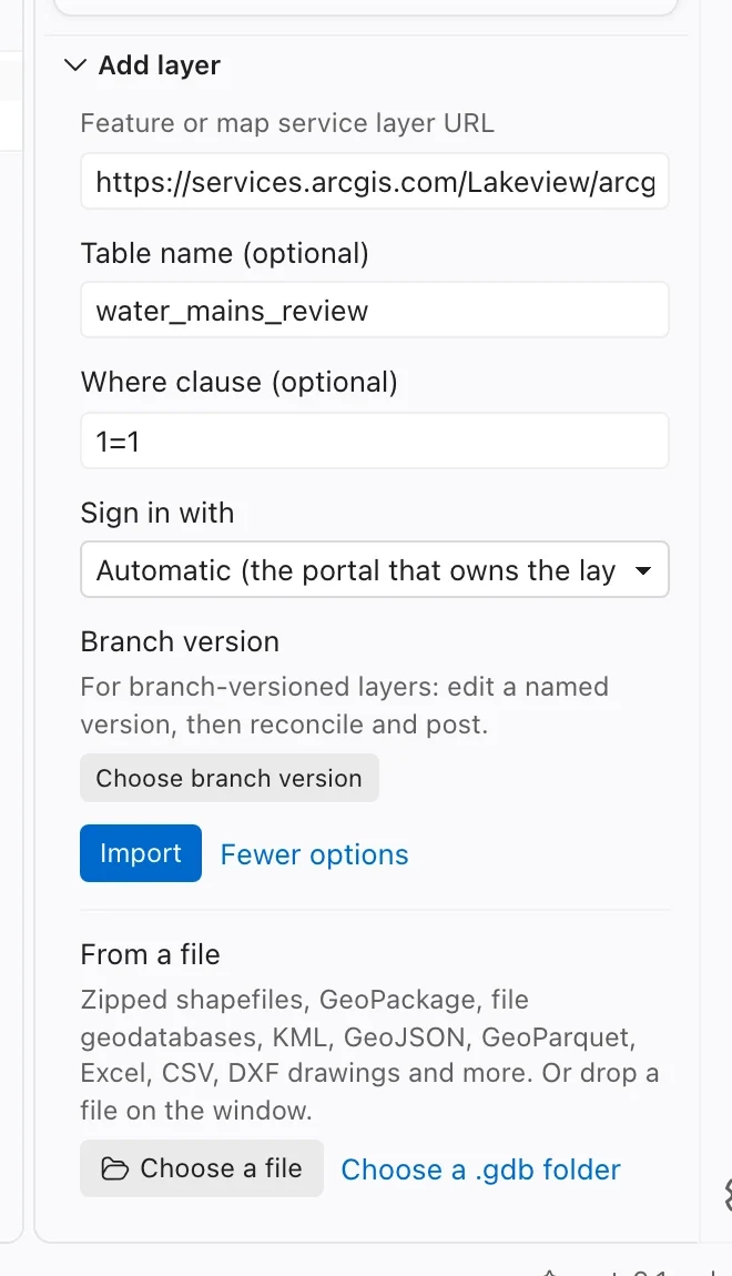 Data view with Add layer expanded, including the layer URL and More options fields.