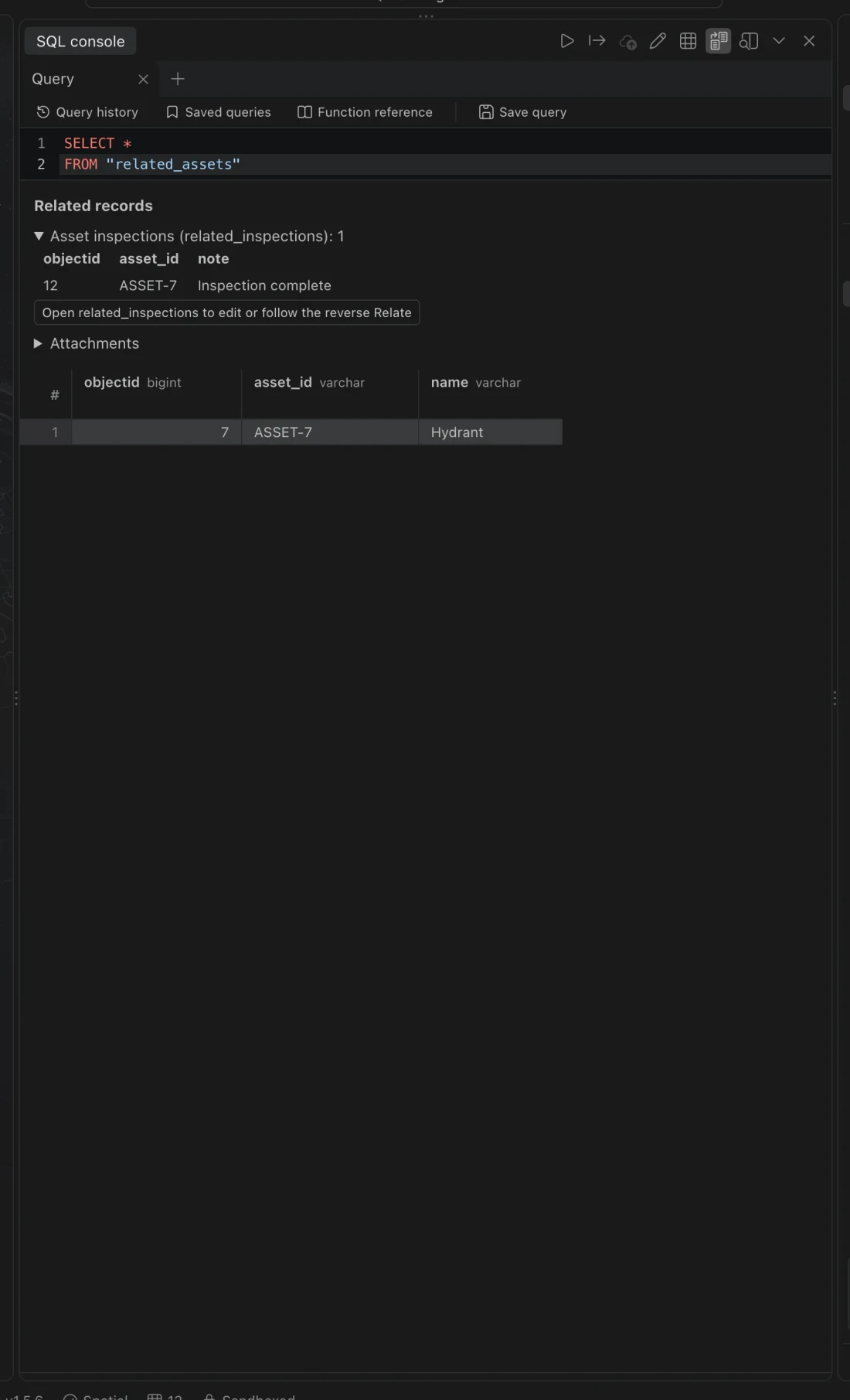 A selected sample asset and its Asset inspections relationship, expanded to show the matching inspection record.