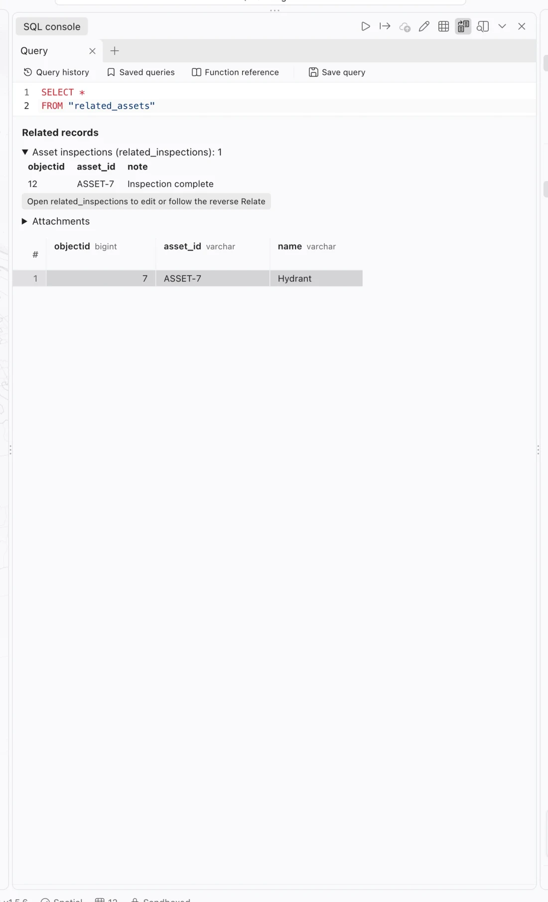 A selected sample asset and its Asset inspections relationship, expanded to show the matching inspection record.