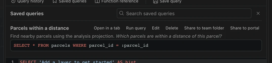 Saved queries library showing named sample queries with actions to open and run them.