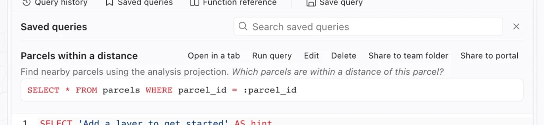 Saved queries library showing named sample queries with actions to open and run them.