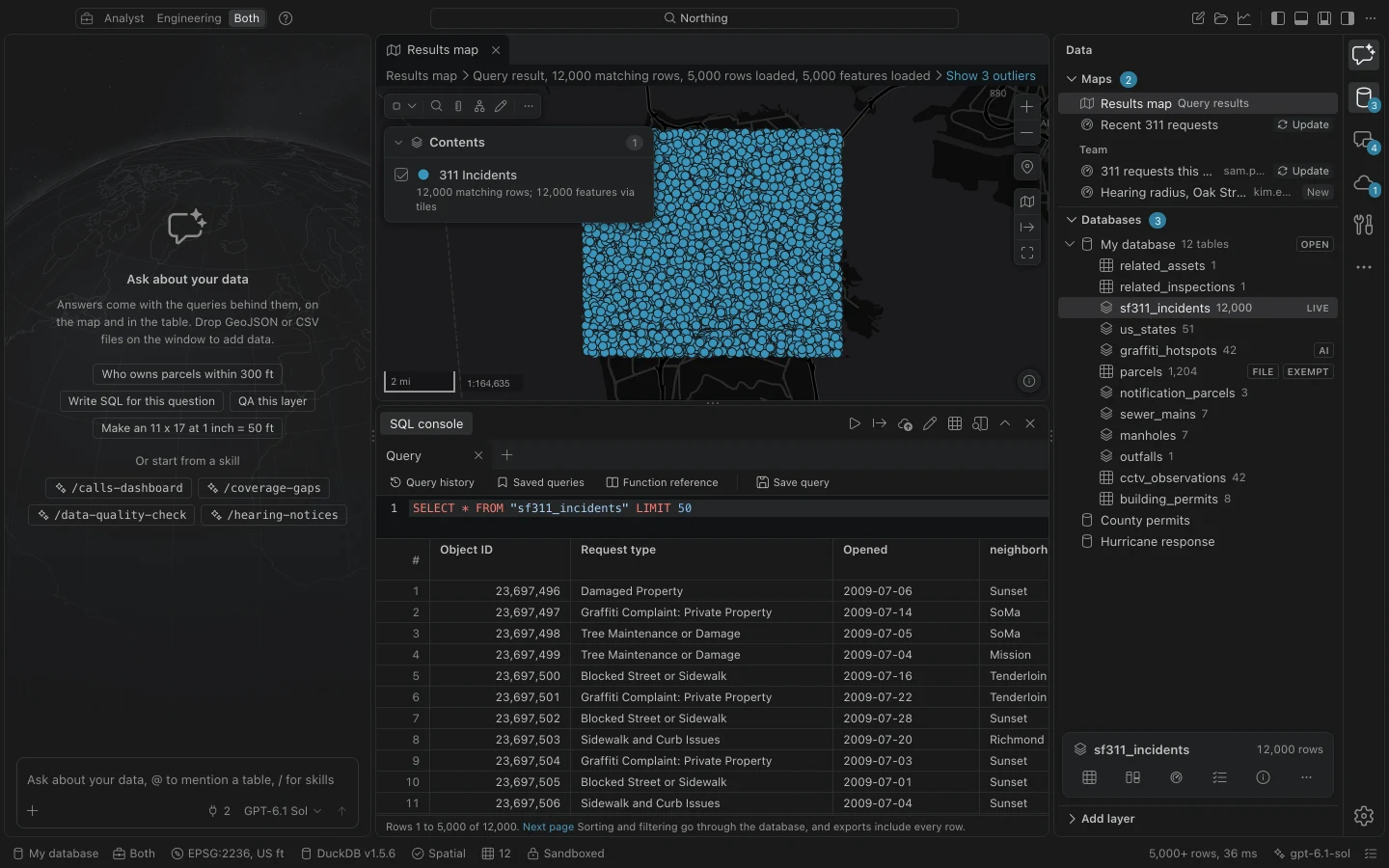 SQL console with a query over sample 311 records, a populated attribute grid, and mapped point results.