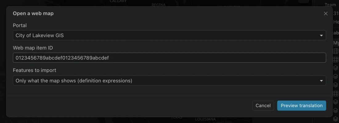 Open a web map dialog with a signed-in portal, Web map item ID, and the two Features to import choices.