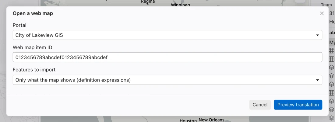 Open a web map dialog with a signed-in portal, Web map item ID, and the two Features to import choices.