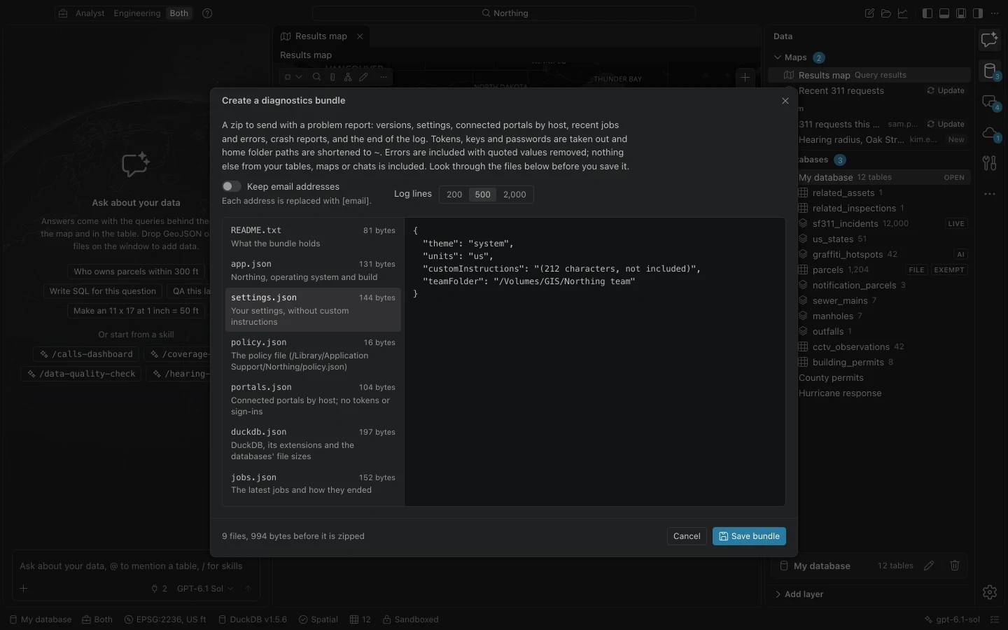 Diagnostics bundle preview with a file list, redacted content, log-line choices, and Save bundle.