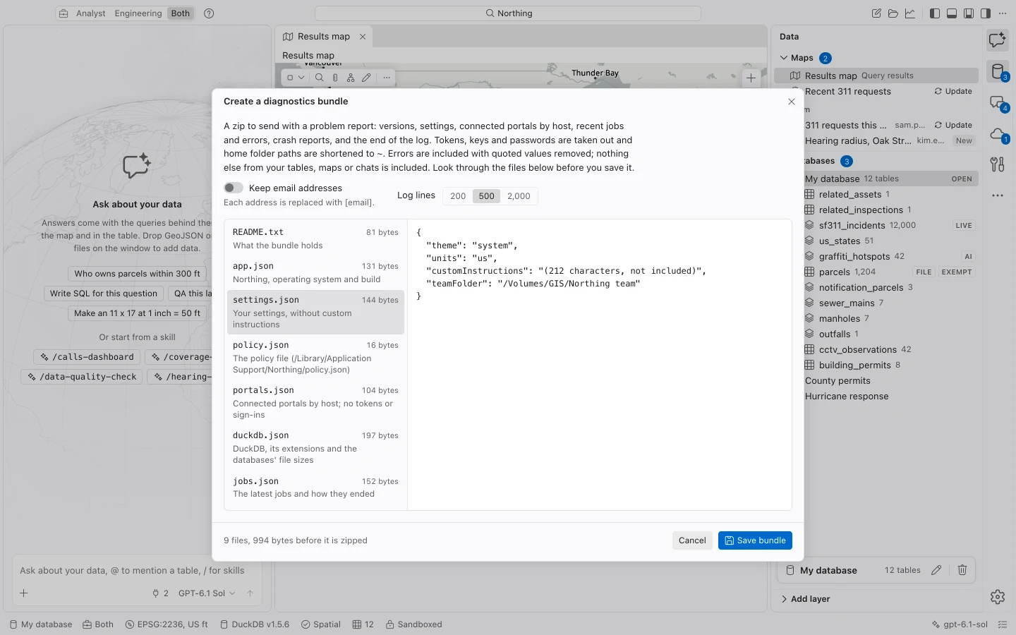 Diagnostics bundle preview with a file list, redacted content, log-line choices, and Save bundle.