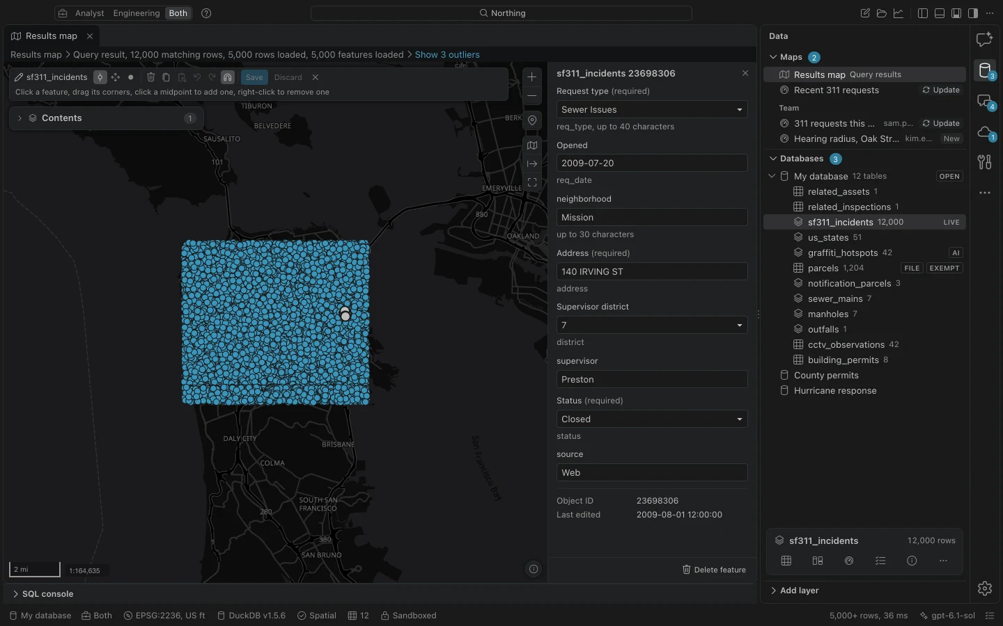 Map editing toolbar and attribute form for a sample 311 point feature, with reshape, move, snapping, and Save controls.