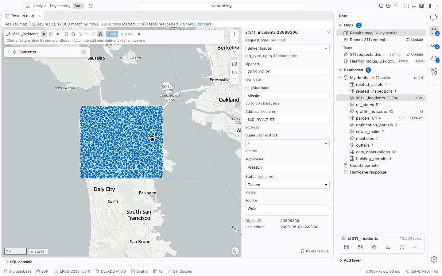 Map editing toolbar and attribute form for a sample 311 point feature, with reshape, move, snapping, and Save controls.