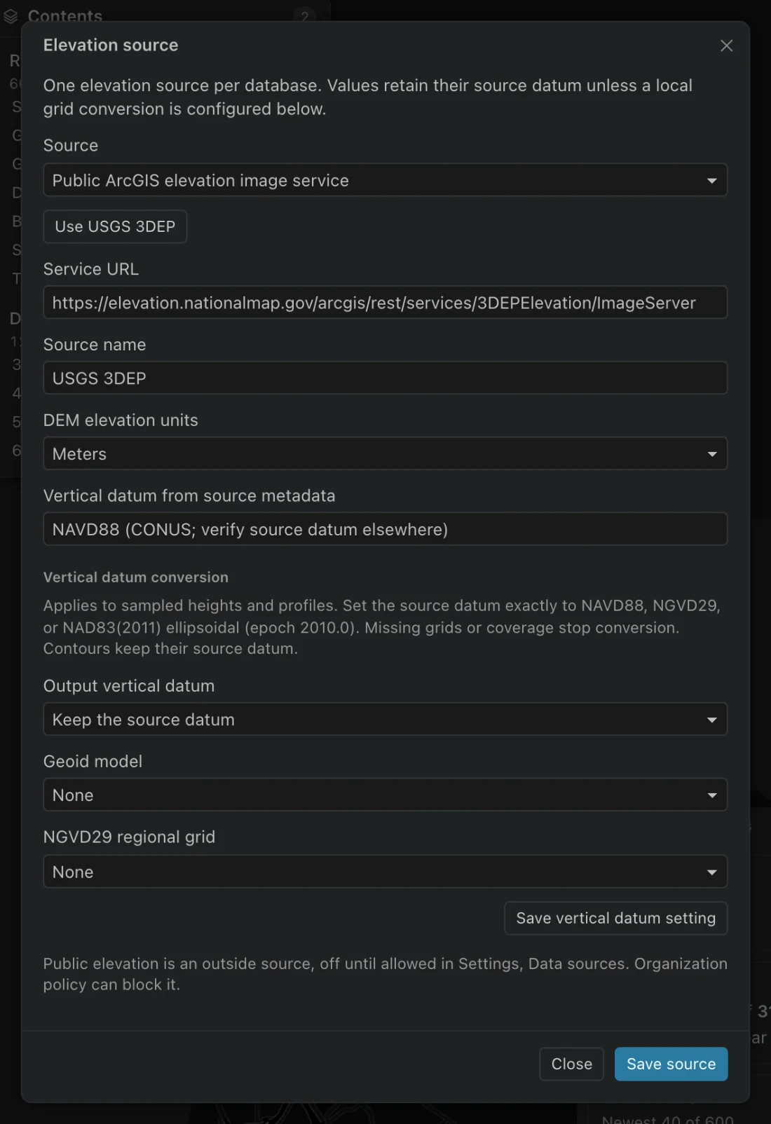 Elevation source dialog with the USGS 3DEP preset, meters, source datum, and vertical conversion settings.
