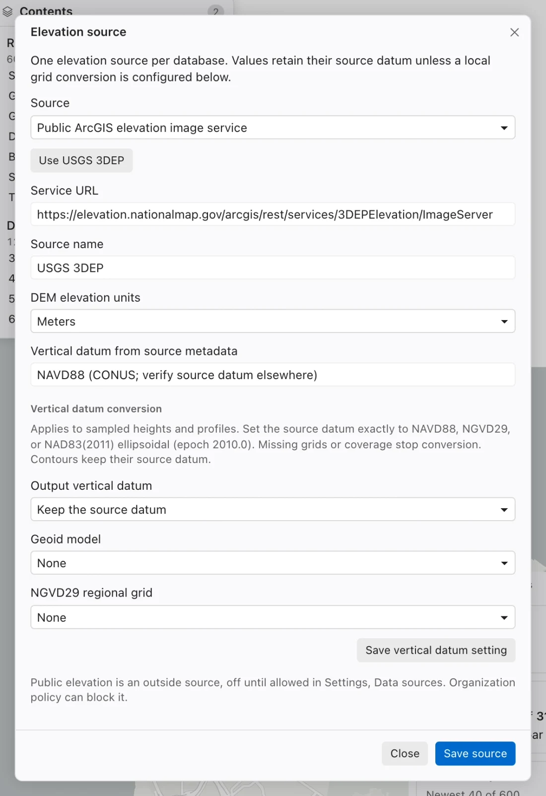 Elevation source dialog with the USGS 3DEP preset, meters, source datum, and vertical conversion settings.