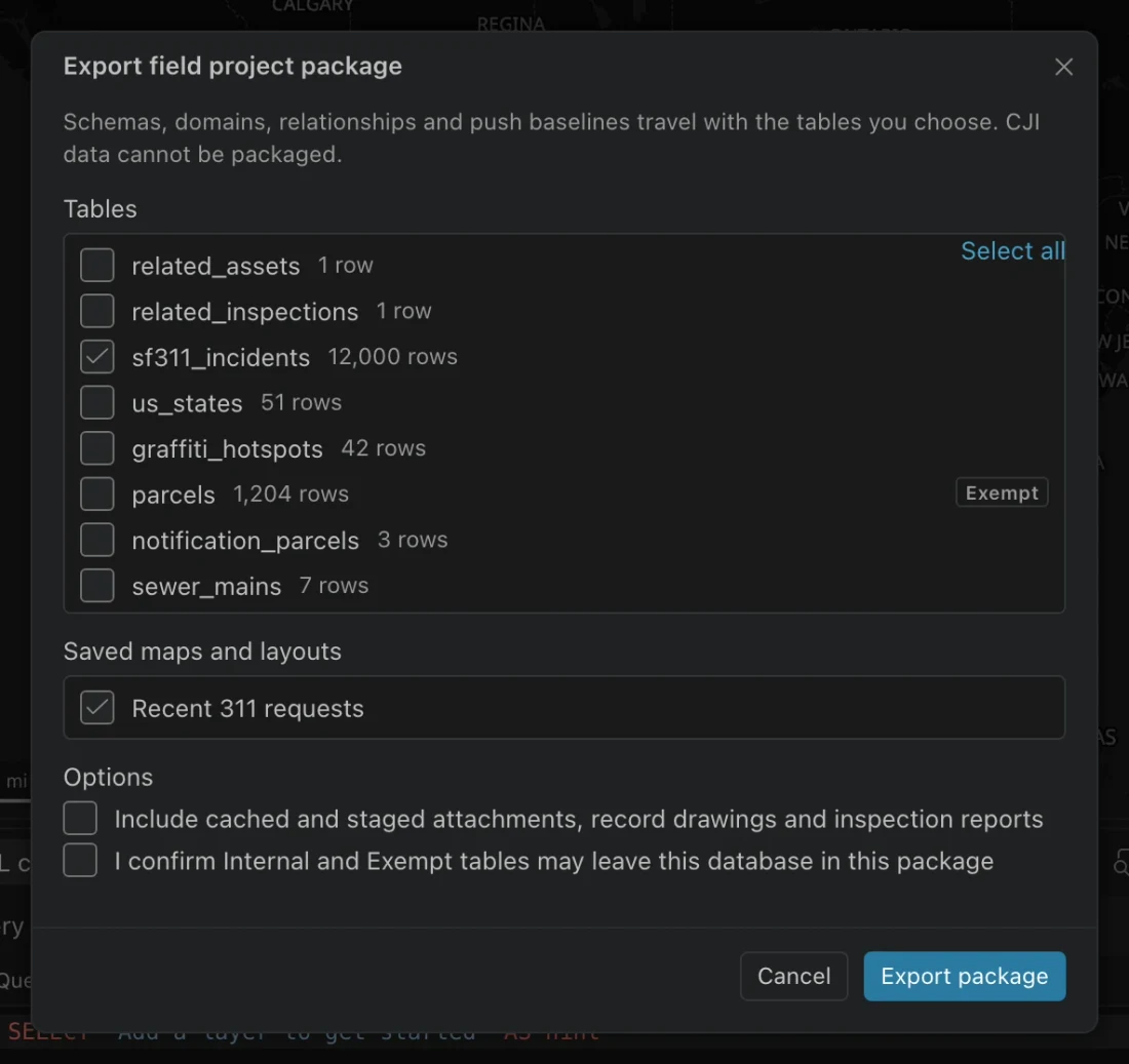 Export field project package dialog listing tables, saved maps, attachment inclusion, and sensitivity confirmation.