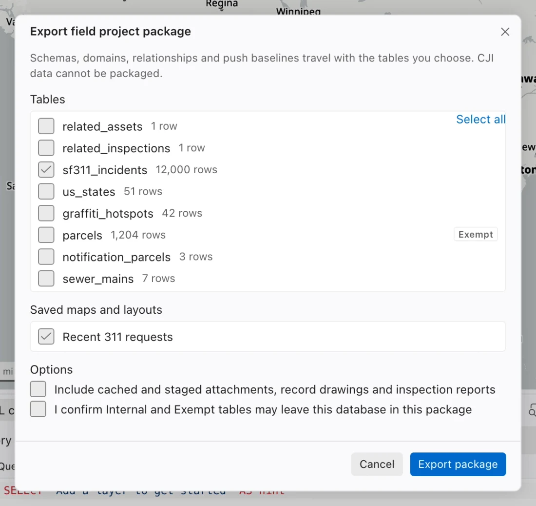 Export field project package dialog listing tables, saved maps, attachment inclusion, and sensitivity confirmation.