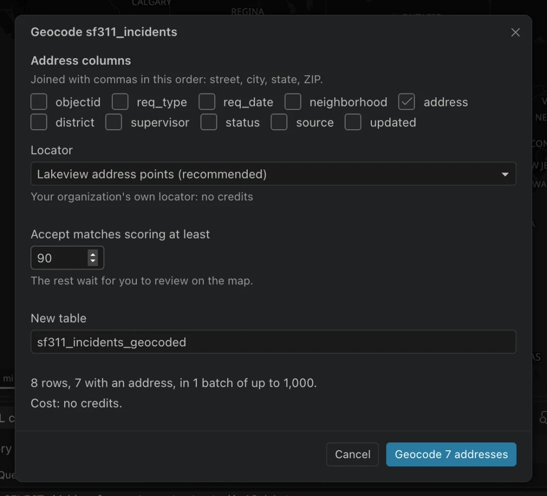 Geocode sf311_incidents dialog with address columns, portal locator, score threshold, new table name, and an estimate.