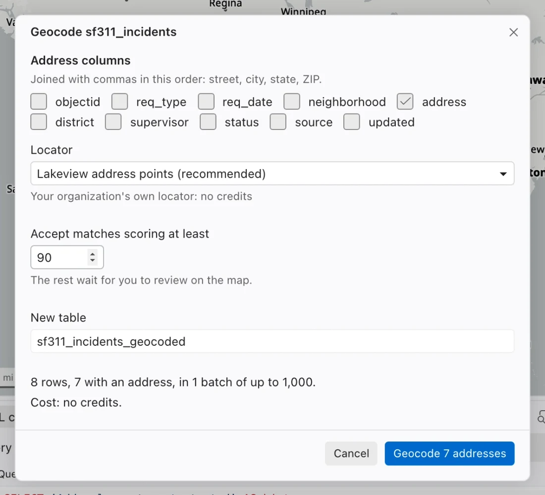 Geocode sf311_incidents dialog with address columns, portal locator, score threshold, new table name, and an estimate.