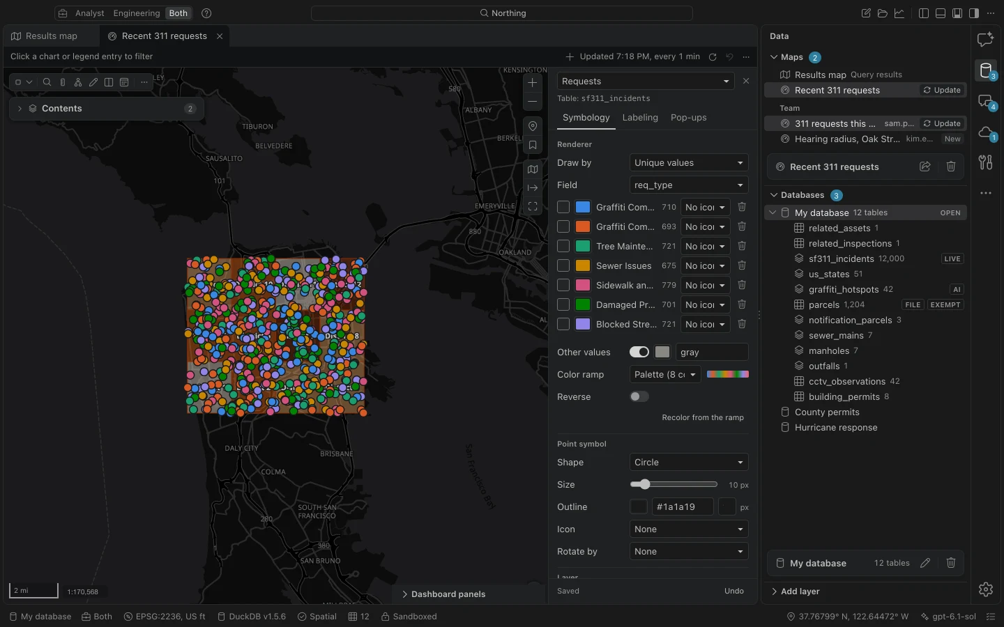 Saved map with Contents and the layer properties pane, showing familiar symbology, labeling, and pop-up controls.