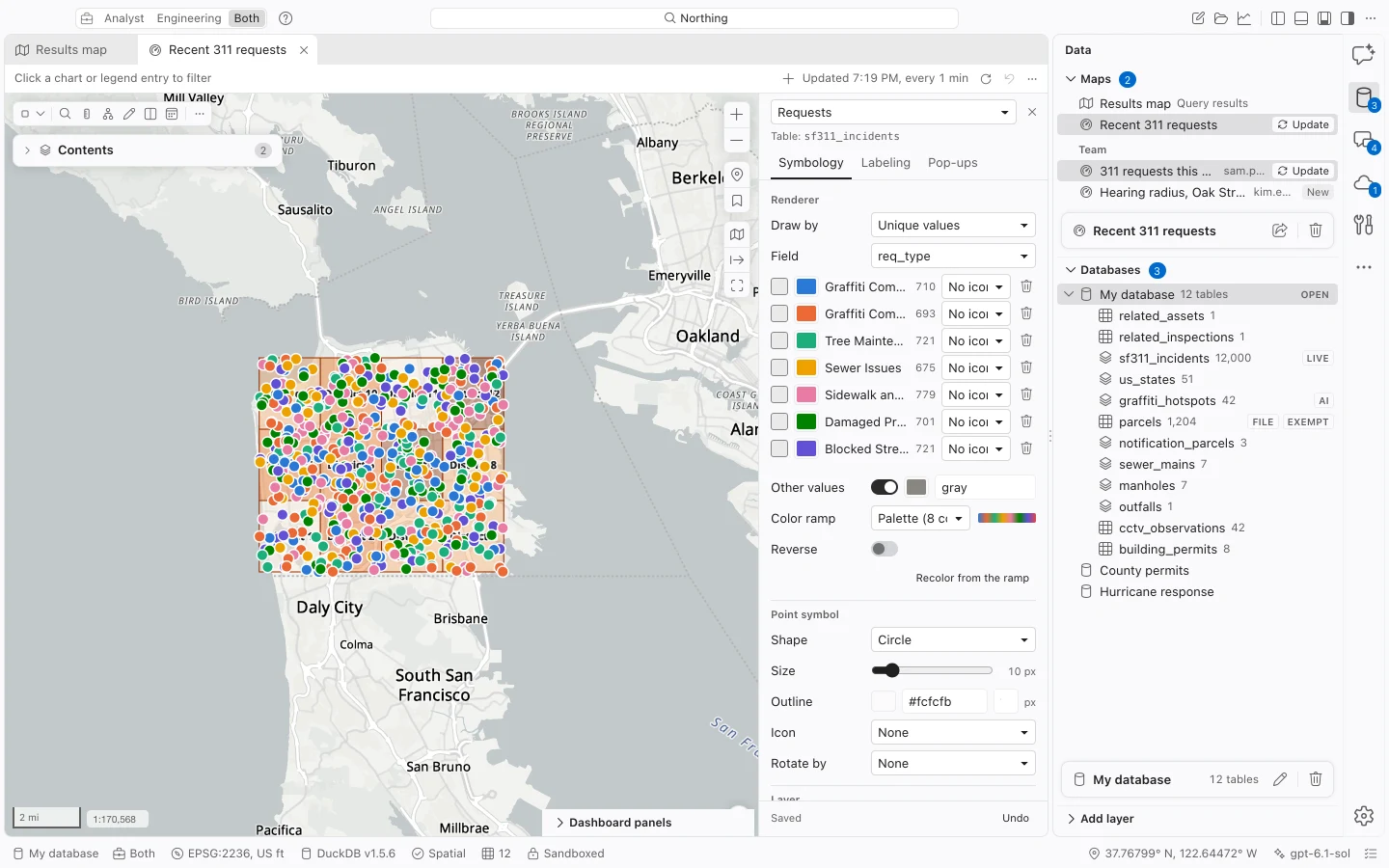 Saved map with Contents and the layer properties pane, showing familiar symbology, labeling, and pop-up controls.