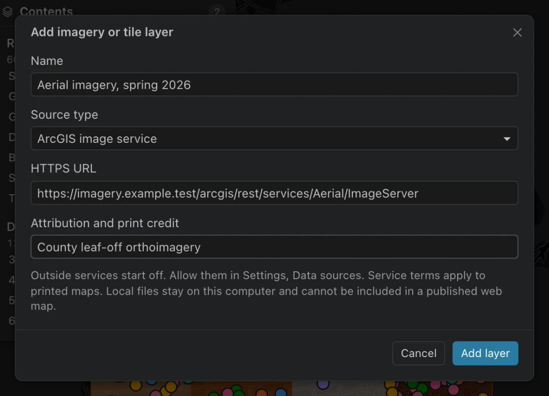 Add imagery or tile layer dialog configured with a sample ArcGIS image service URL, a layer name, and print credit.